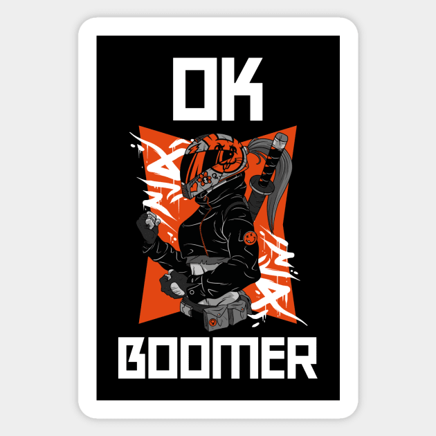 OK Boomer Anime Biker Girl Katana Sticker by BlueTodyArt
